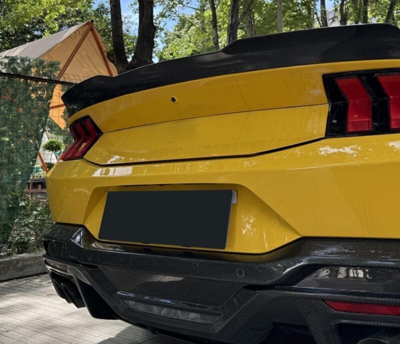 Rear view of Ford Mustang S650 Dark Horse carbon spoiler adding race-inspired style and airflow efficiency