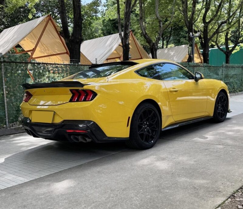 Close-up of carbon side skirts on Ford Mustang S650 for improved aerodynamics and sleek design